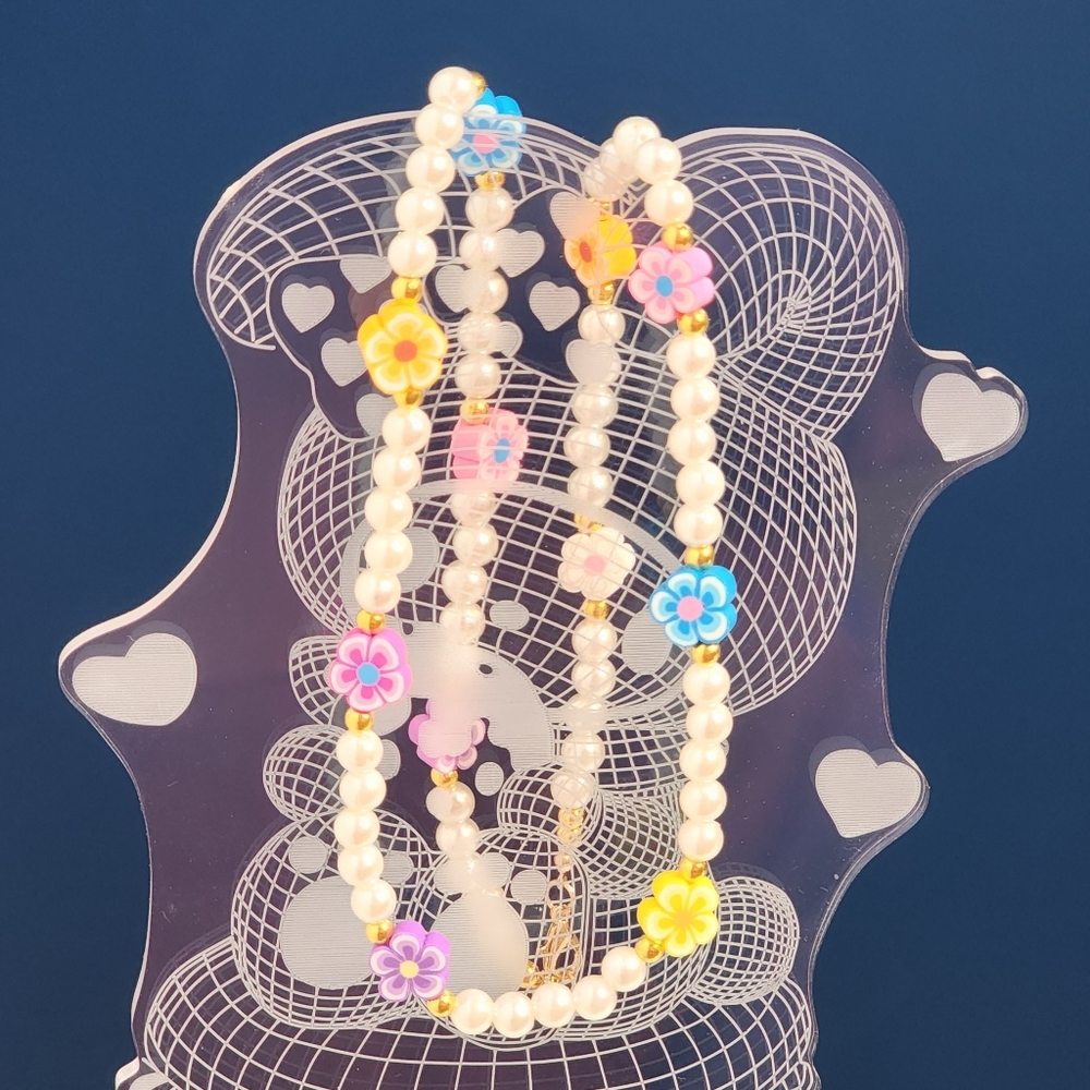 Kawaii Pearls & Colorful Flowers Beaded Necklace Y2K Handmade - Picture 4 of 6